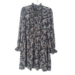 ME+EM Navy Floral Ruffle Collar Midi Dress Pintuck Long Sleeve Pockets US 10